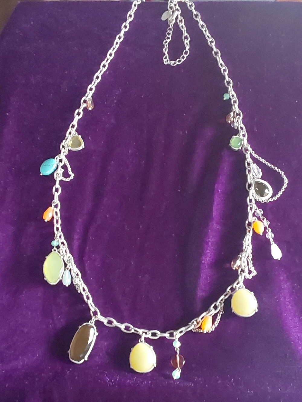 Lia Sophia Retired Multicolor Faux Stones Necklace - Silver Tone 40"Chain